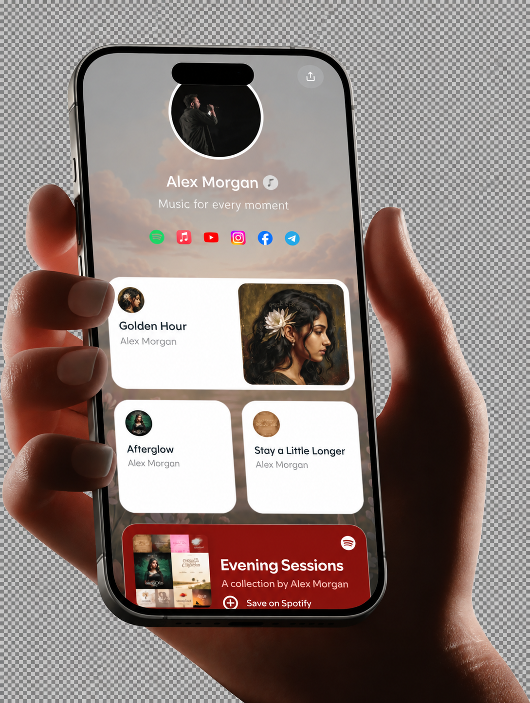 A hand holding a phone showing a Tapnify link-in-bio page